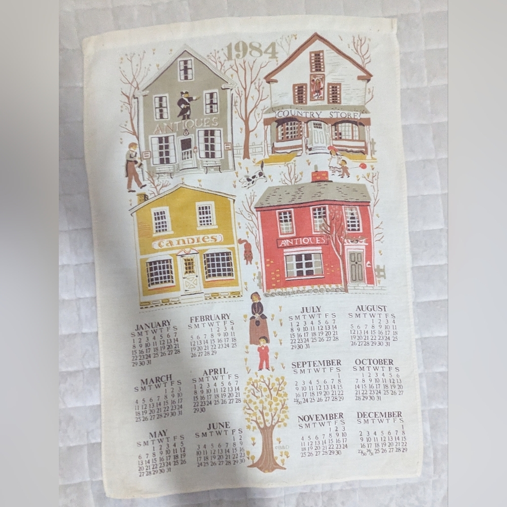 Vintage Linen Folk Art Calendar Tea Towel 1984 Cottagecore